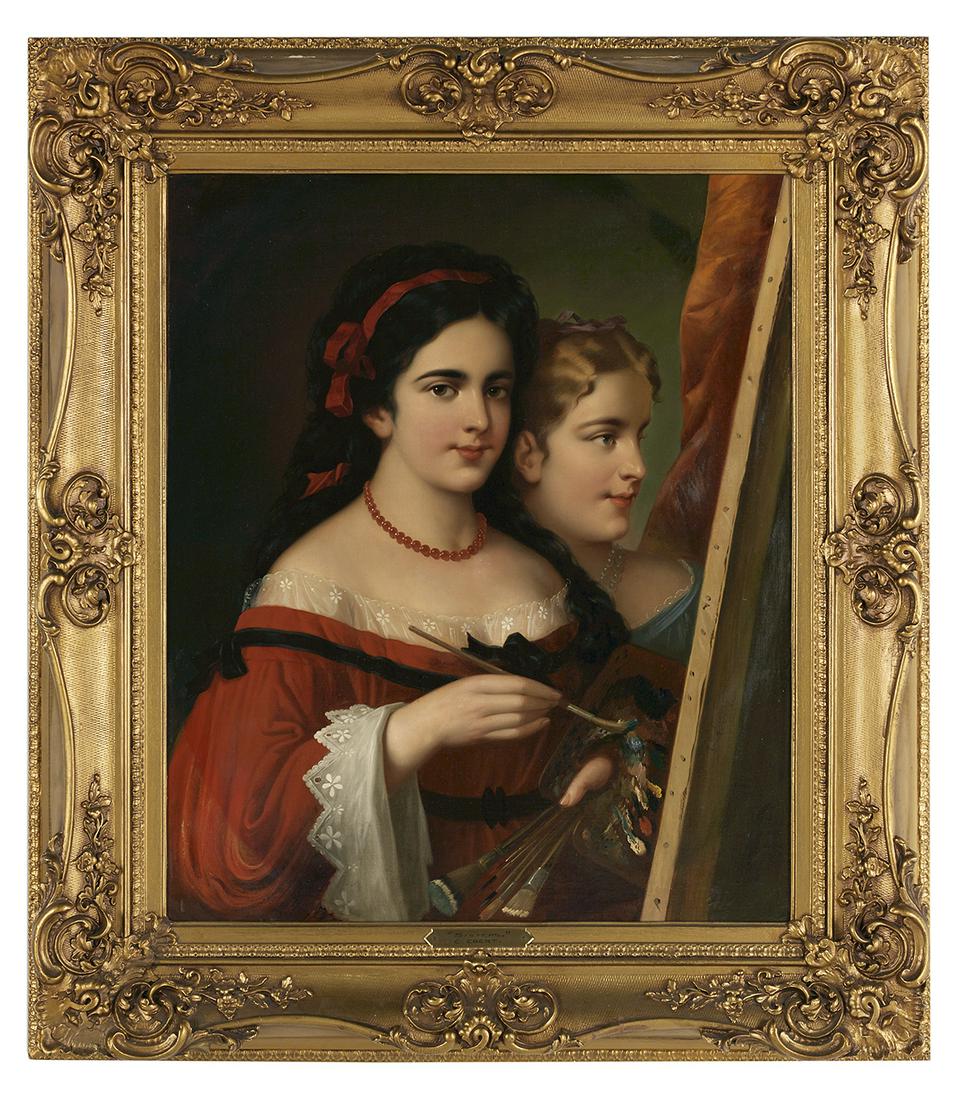 Attr, to Caroline Ebert (American, b. 1812): Attributed to Caroline Ebert (French/German/American, b. 1812) "Self-Portrait with Probable Student" oil on canvas signed lower right "C. Ebert" on right side of canvas (in painting). Framed. 31-7/8" 
