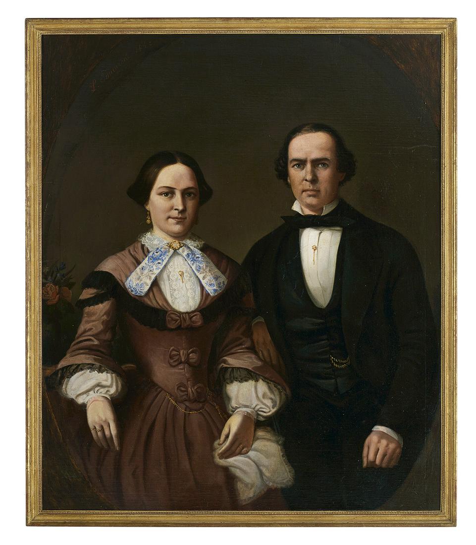 Leon Pomarede (French/New Orleans, 1807-1892): Leon Pomarede (French/New Orleans/St. Louis, 1807-1892) "Probably a Portrait of the Chouteau Family of St. Louis, Possibly Dr. Nicolas N. DeMenil and Emilie-Sophie Chouteau DeMenil", 1852 oil on canva