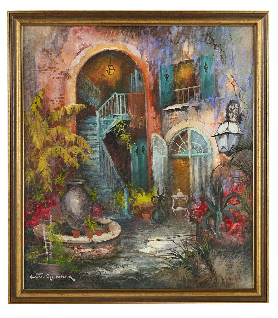Colette Pope Heldner (US/New Orleans, 1902-1990): Colette Pope Heldner (American/New Orleans, 1902-1990) "Old Archway - Brulator Patio, French Quarter, New Orleans" oil on canvas signed and titled en verso. Framed. 34" x 30", framed 39-1/2" x 33-1/2"
