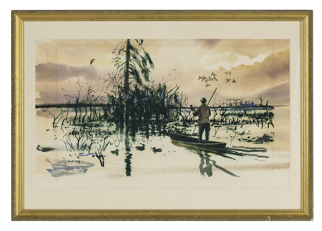 Chet Reneson (American/Connecticut , b. 1934): Chet Reneson (American/Connecticut , b. 1934) "The Tree Blind", 1968 watercolor and graphite on paper signed lower left and signed, titled, dated and inscribed "Lyme, Conn." en verso. Matted, glazed a