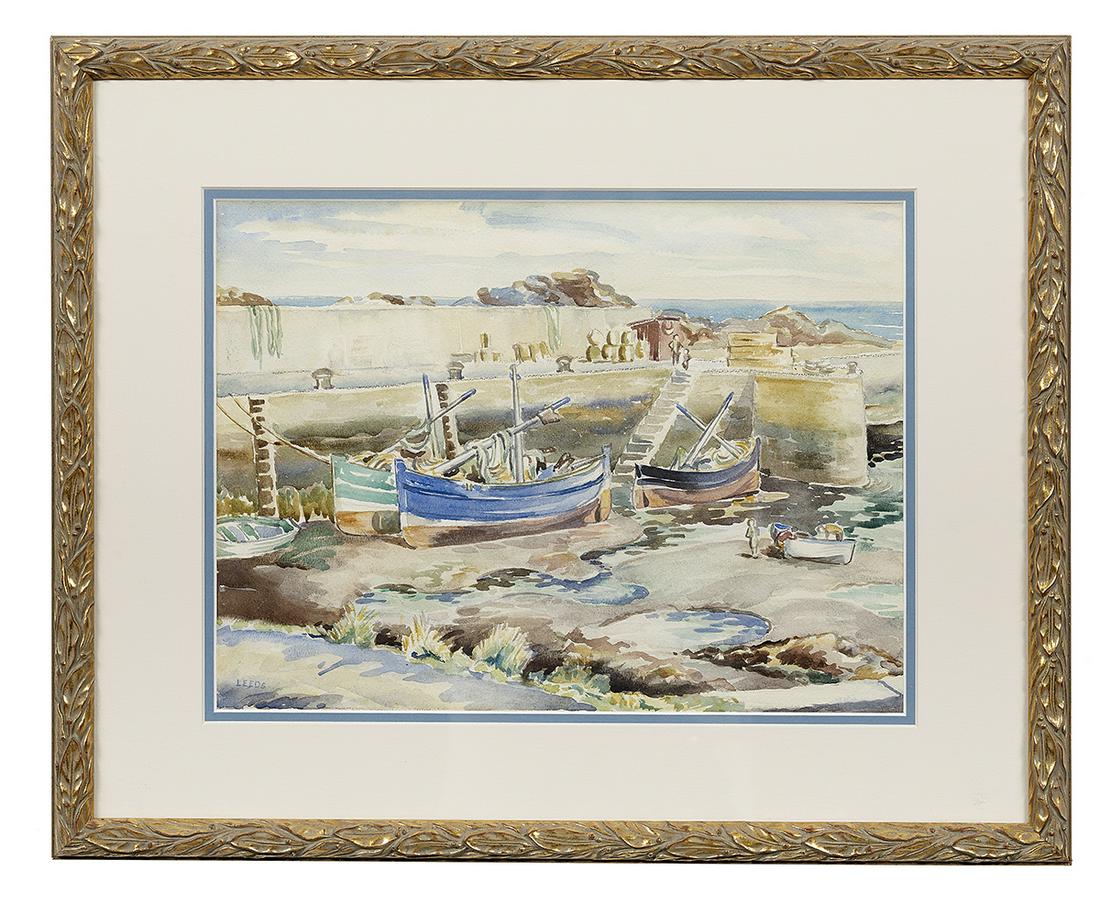 Caroline Vatcher (British, 1931-2005): Caroline Vatcher, Duchess of Leeds (British, 1931-2005) "Boats Docked" watercolor on paper signed "Leeds" lower left. Matted, glazed and framed. sight 11" x 14-1/2", framed 18" x 22" 11" x 14-1/2", fr