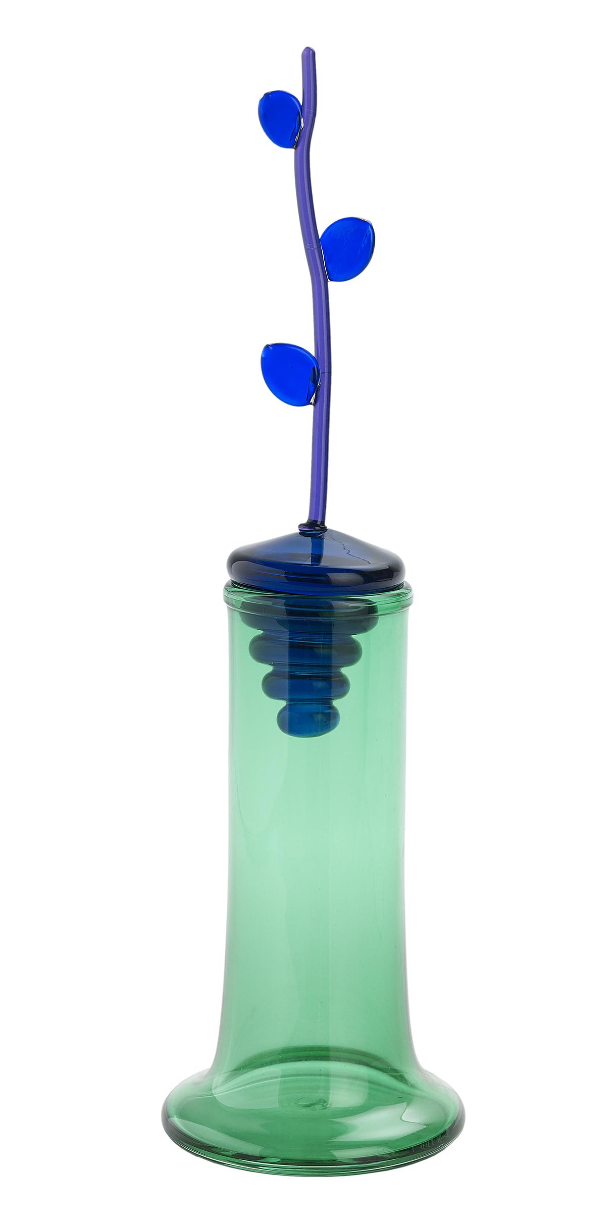 John Chiles (USA/Vermont, b. 1962): John Chiles (American/Vermont, b. 1962) "Green Vase with Blue Vine Stopper" glass incised signature at bottom. h. 15-1/2", dia. 4-1/2" Provenance: Collection of Mark M. Johnson, Montgomery, Alabama.