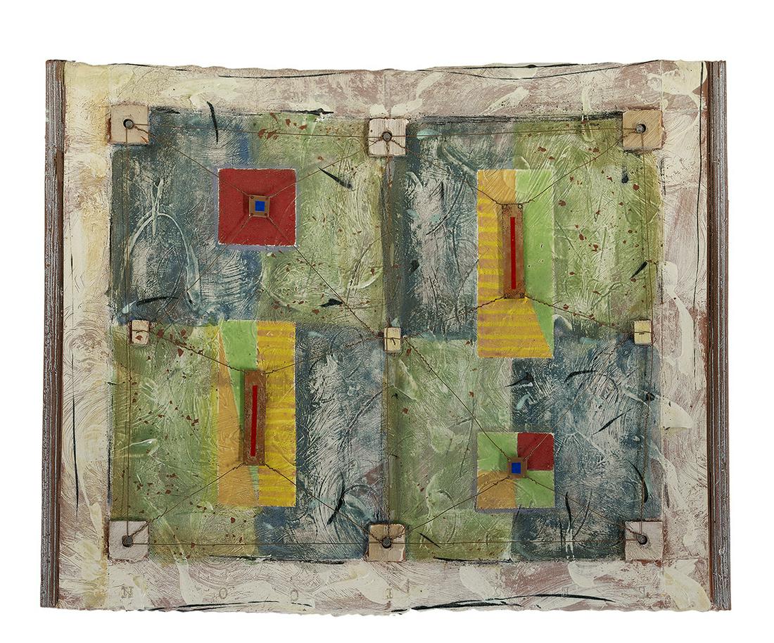Gregory Zeorlin (USA/Texas, Contemporary): Gregory Zeorlin (American/Texas, Contemporary) "Untitled", 1995 mixed media on clay signed and dated en verso. 14-1/2" x 17-7/8"