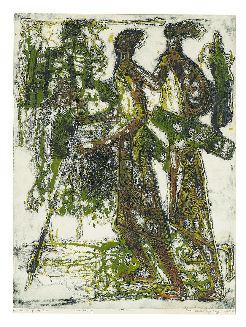 Bruce Onobrakpeya (Nigerian, b. 1932): Bruce Onobrakpeya (Nigerian, b. 1932) "The Songs of Life" etching on paper signed, dated and localized "Lagos" lower right, titled and numbered "5/30" lower left. Unframed. 24" x 17-5/8"