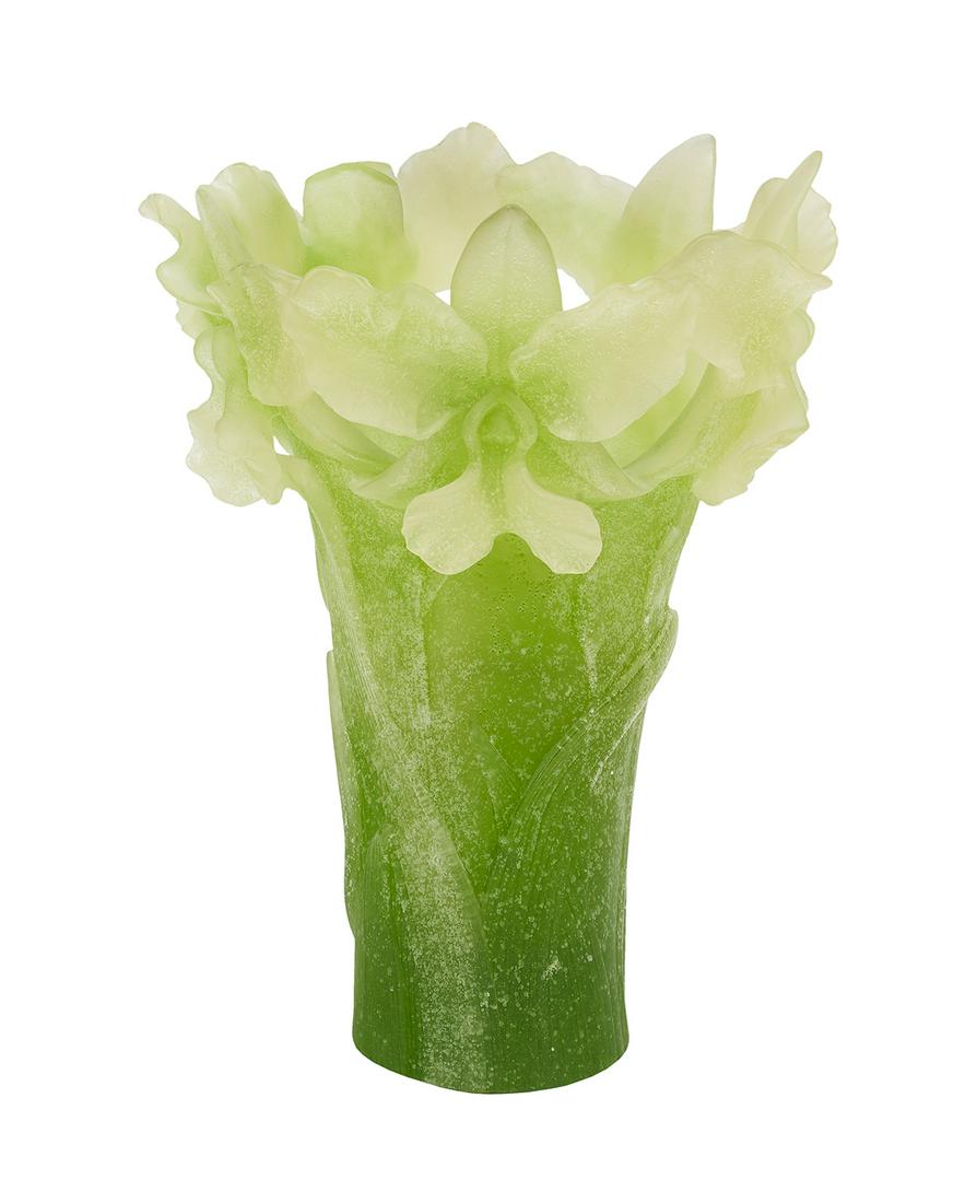Daum France Pate de Verre Glass Orchid Vase: Daum France Pate de Verre Glass Orchid Vase 20th century, ombre from leaf green to lime, incised marking at bottom. h. 12-1/2", dia. 9-1/2"