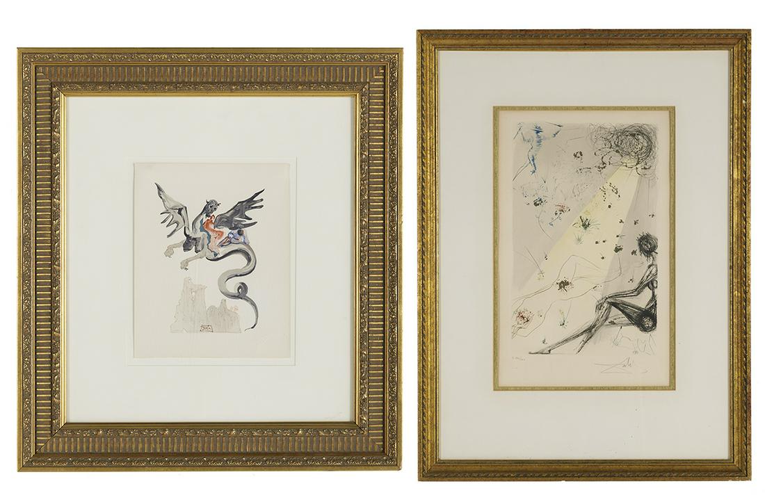 Salvador Dali (Spanish, 1904-1989): Salvador Dali (Spanish, 1904-1989) "On Geryon's Back, Dante's Inferno, Canto 17" "Reclining Nude" woodcut in colors and lithograph on paper former signed in plate, float-mounted, matted, glazed and fr