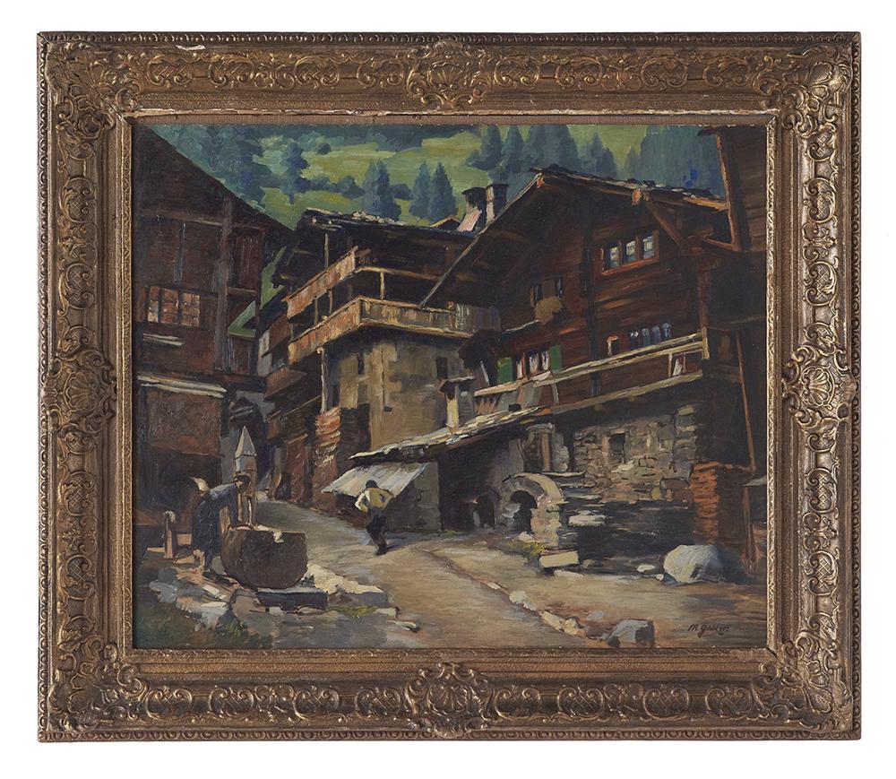 Continental School, (20th Century): Continental School (20th Century) "Alpine Village Scene" oil on board signed "M. Gasser" lower right. Framed. 22" x 26-1/2", framed 28" x 32-1/2"