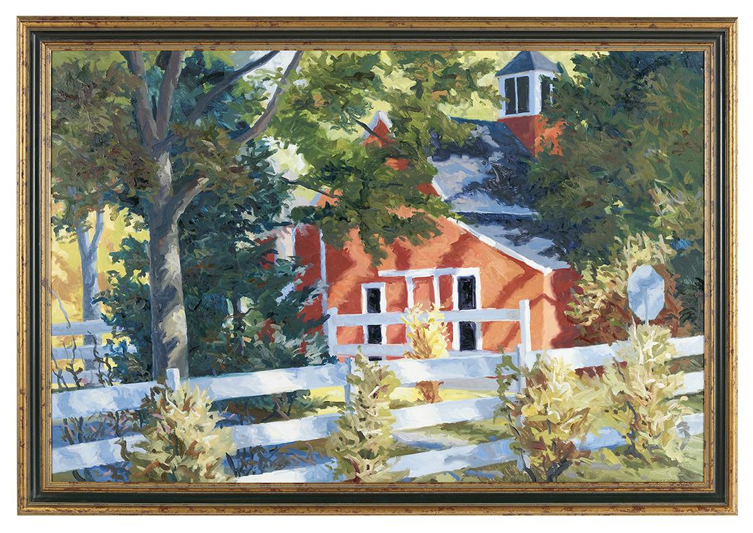 Philip Koch (USA, b. 1948): Philip Koch (American, b. 1948) "August Morning, Red Barn" oil on canvas signed lower right. Framed. 40" x 60", framed 46" x 66" Provenance: Estate of Hurley Wayne Gray, Houston, Texas.