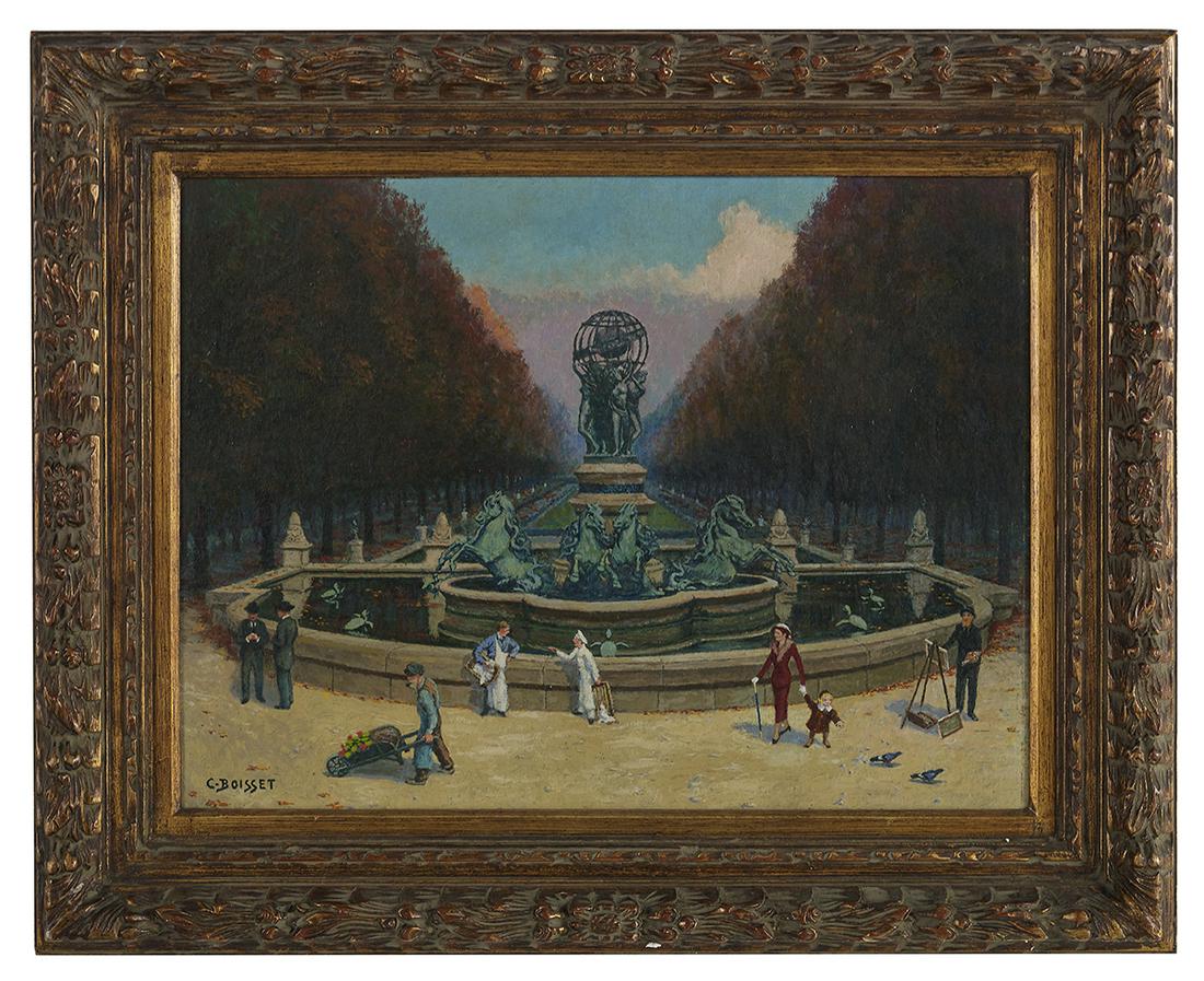 Charles Boisset (USA, 20th Century): Charles Boisset (American, 20th Century) "Fontaine Carpeaux, Jardin du Luxembourg, Paris" oil on canvas board signed lower left, two titled labels en verso. Framed. 18" x 24", framed 25-1/2" x 31-1/2"
