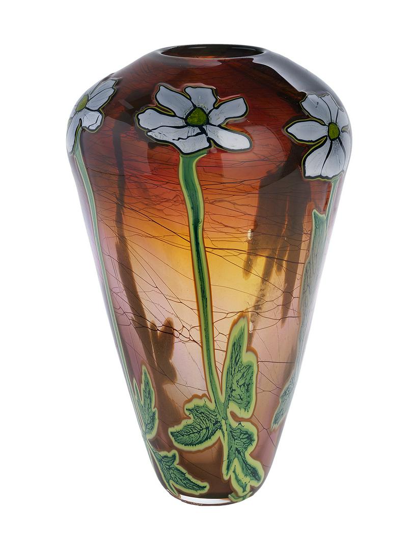 Rick and Valerie Beck (USA, 20th Century): Rick and Valerie Beck (American, 20th Century) "Green Vase with White Flowers", 1995 glass incised signature and dated along lower edge. h. 12-1/2", dia. 8" Provenance: Gravers Lane Gallery, Philadelp
