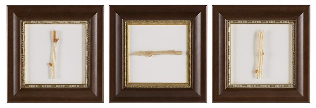 Rob Snyder (USA/Washington, Contemporary): Rob Snyder (American/Washington, Contemporary) "Twigs", 2008 three cast glass sculptures each mounted and framed, signed and dated en verso backing. framed 8" x 8"