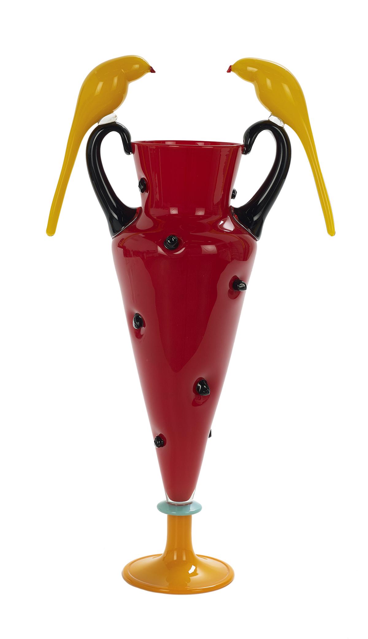 David Levi (USA, b. 1959): David Levi (American, b. 1959) "Amphora", 1997 blown and applied glass red body with black orbs, bright yellow birds perched atop the black handles, incised signature and dated at bottom. h. 27-1/4", 