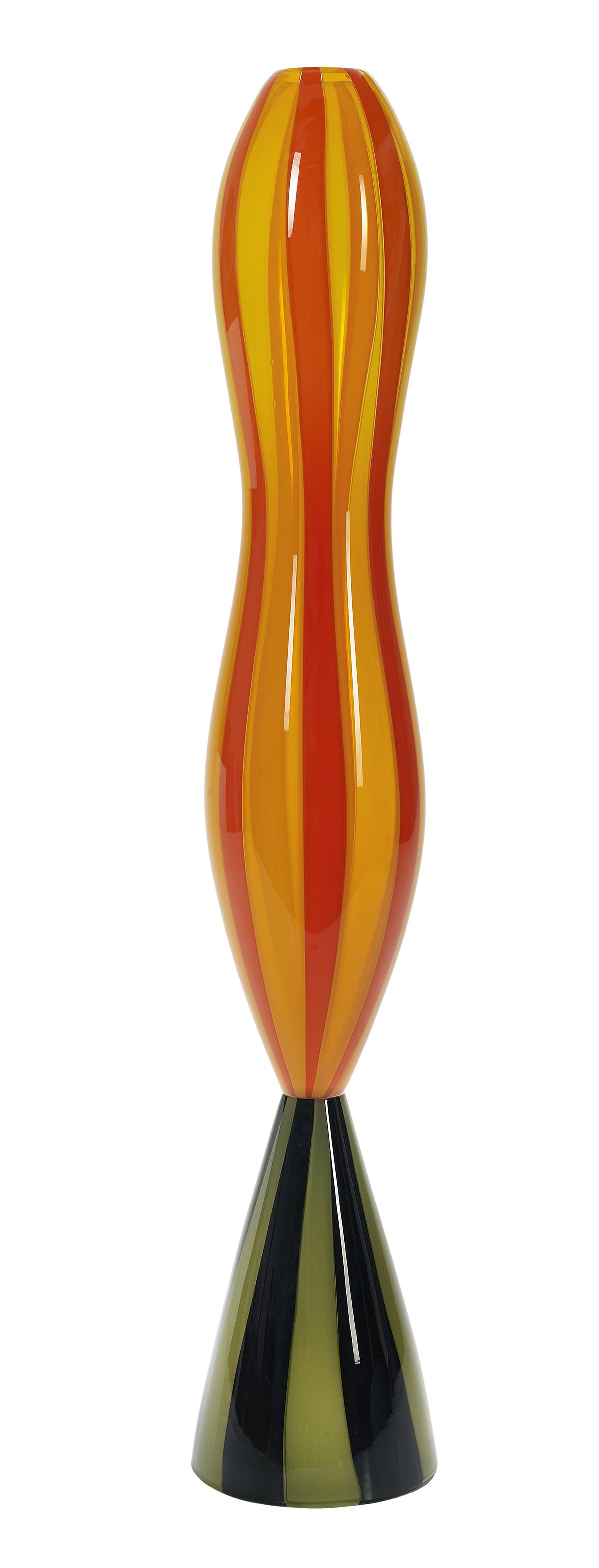 David Levi (USA/Missouri, b. 1959): David Levi (American/Missouri, b. 1959) "Untitled" blown glass olive base with black stripes, body of orange and yellow stripes. h. 30-3/4", dia. 5-1/2"