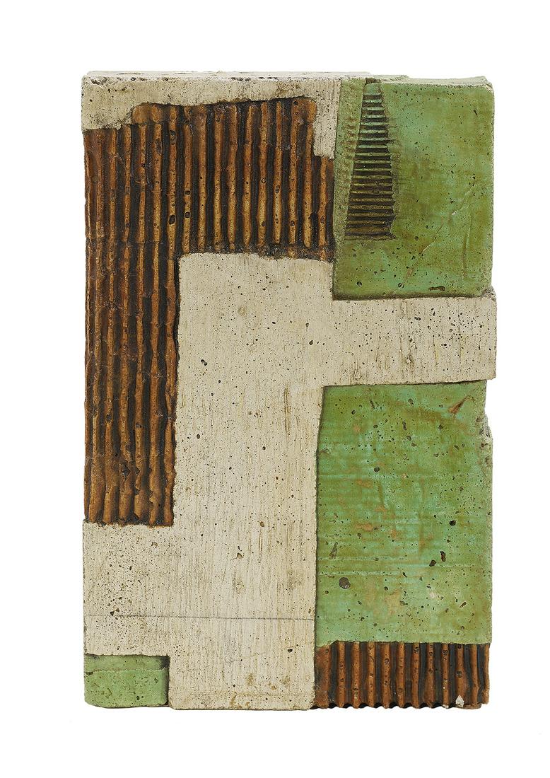 Eric Krause (USA/Texas, Contemporary): Eric Krause (American/Texas, Contemporary) "Traverse", 2005 carved and stained concrete block signed, dated, titled and copyright-marked en verso. h. 11", w. 7", d. 2"