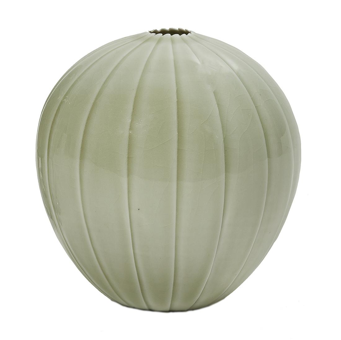 Cliff Lee (Austrian/Taiwan, b. 1951): Cliff Lee (Austrian/Taiwan, b. 1951) "Melon Vase" kaolin clay of globular form, having delicate, vertical ridges constricting to a narrow neck, with all-over celadon glaze, signed and dated "95" to th