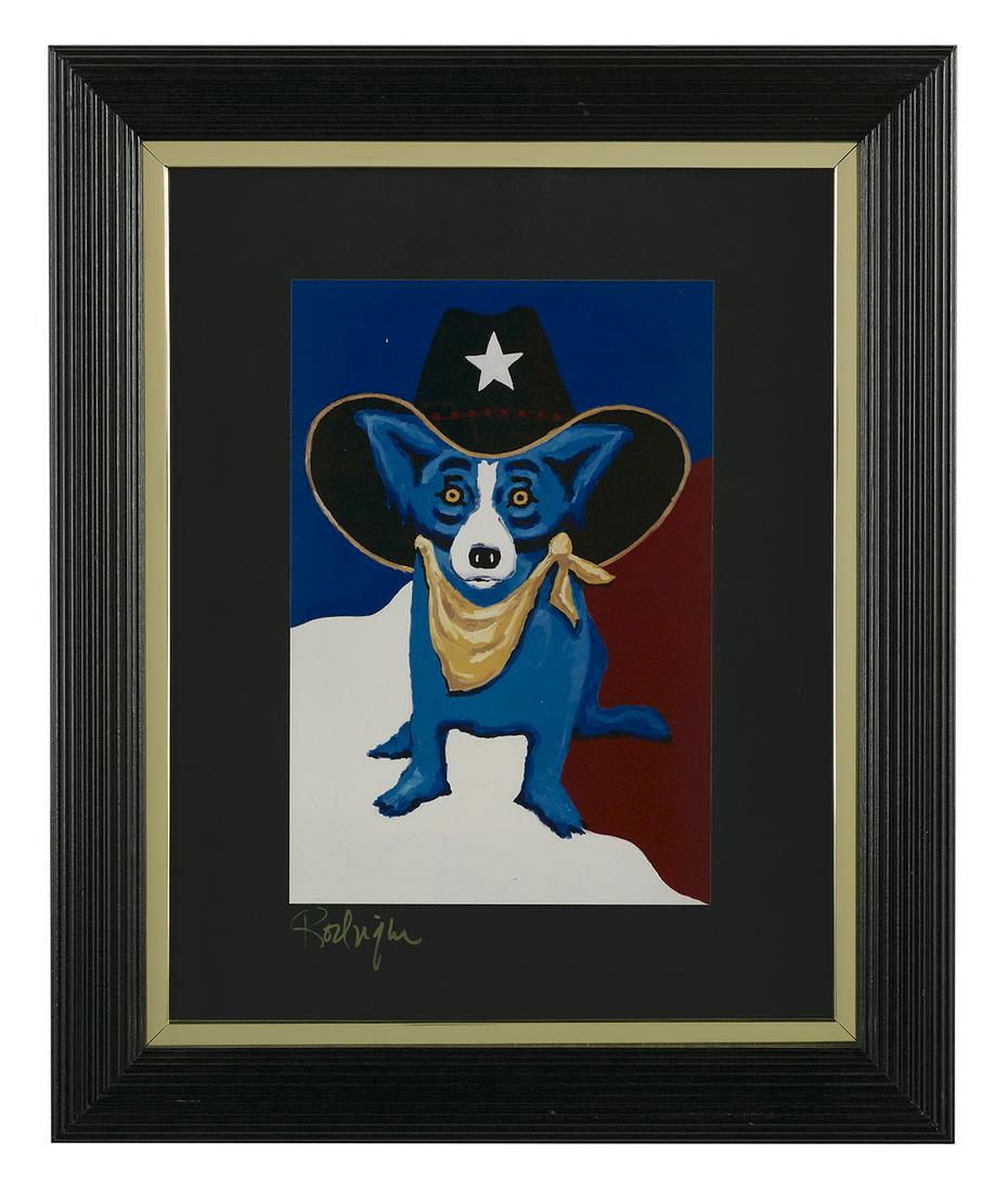 George Rodrigue (USA/Louisiana, 1944-2013): George Rodrigue (American/Louisiana, 1944-2013) "I Wanna be a Texas Ranger" offset lithograph signed on matting board. Glazed and framed. 10" x 6-1/2", framed 17-1/2" x 14-1/2" Provenance: Estate of H