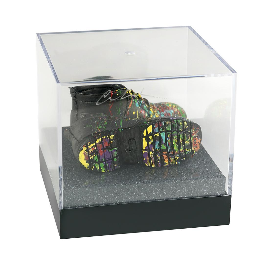 Dale Chihuly (USA, b. 1941): Dale Chihuly (American, b. 1941) "Artist's Shoes" mixed media paint-spattered shoes in a lucite presentation box, incised signature on one side of box. overall h. 3-3/4", w. 4", d. 4"