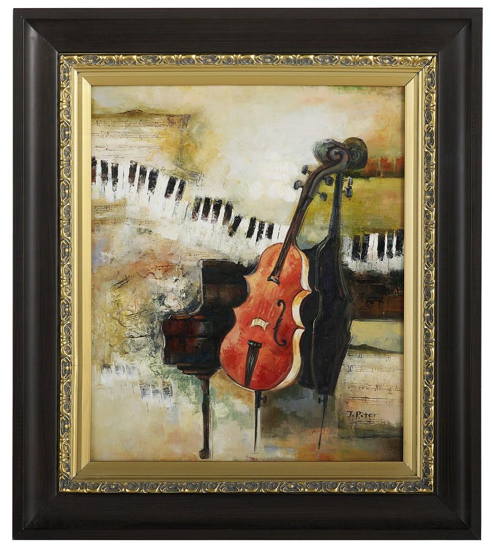 Continental School (Mid- to Late 20th Century): Continental School (Mid- to Late 20th Century) "Musical Composition" oil on canvas signed "T. Piter" lower right. Framed. 24" x 20", framed 32-1/2" x 28-1/2"