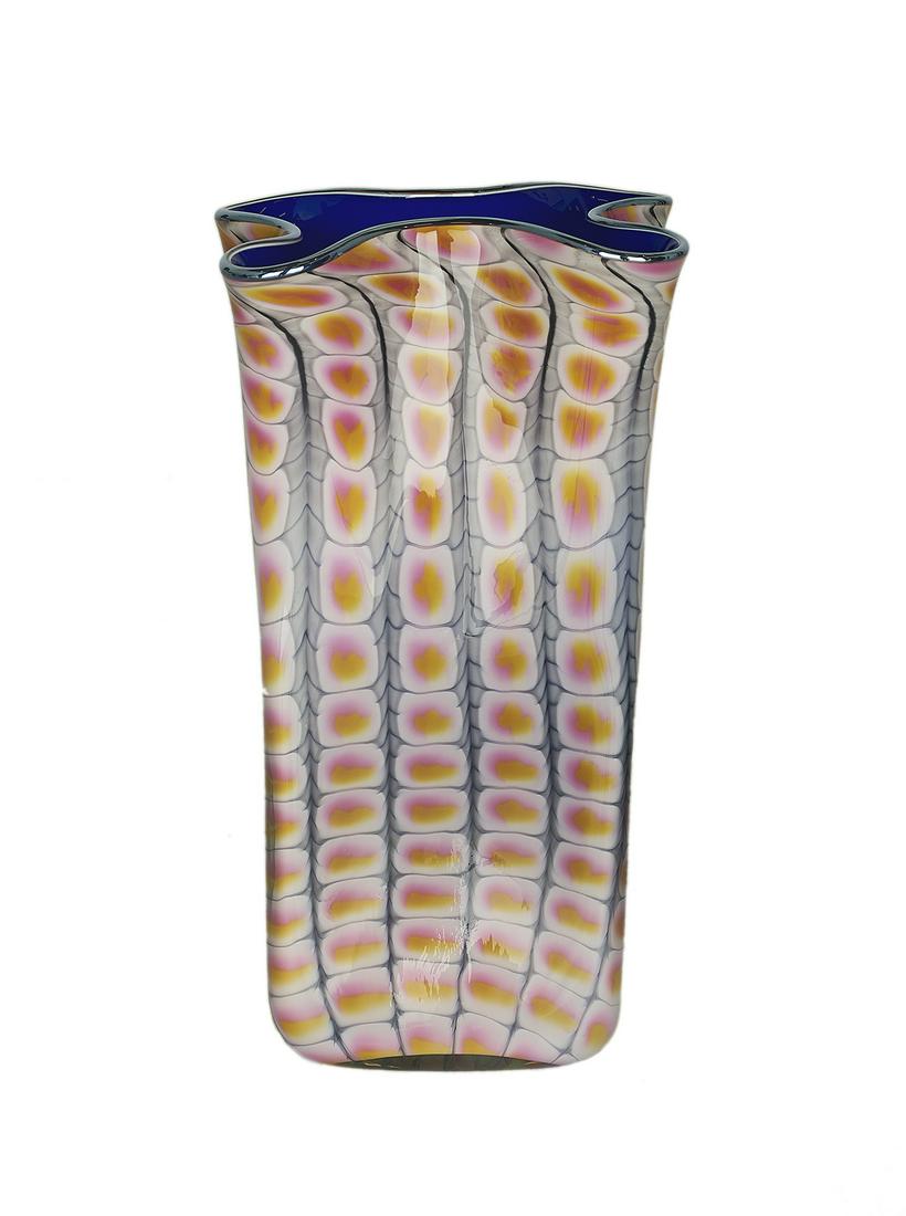 Probably Philip Shelby (USA, Contemporary): Probably Philip Shelby (American, Contemporary) "Untitled", 1995 blown glass exterior of marbleized design in pink/yellow/gray with metallic silver lip, interior of deep cobalt, incised signature and 