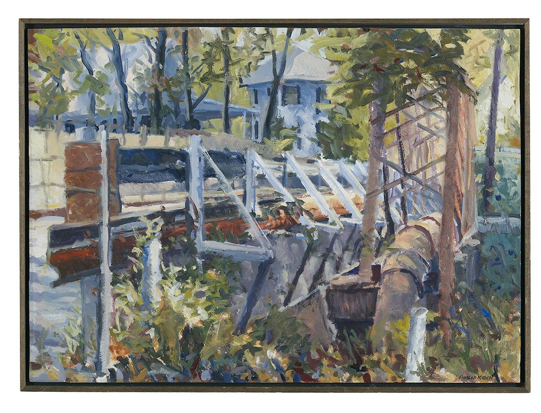 Philip Koch (USA, b. 1948): Philip Koch (American, b. 1948) "Twin Bridges" oil on board signed lower right, signed and titled en verso, verso with "Meredith Long & Company, Houston, Texas" label. Thin gallery frame. 21" x 29", f
