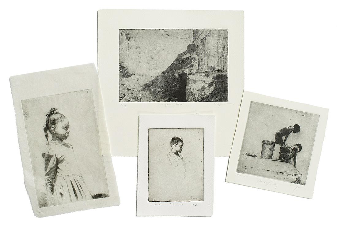 Stephen Scott Young (USA, b. 1957): Stephen Scott Young (American, b. 1957) "Alicia" "Hand Lining" "Untitled" "Coquina Stones" four etchings on paper each pencil signed or initialed lower right, "Alicia" on rice paper, marked "AP" lower