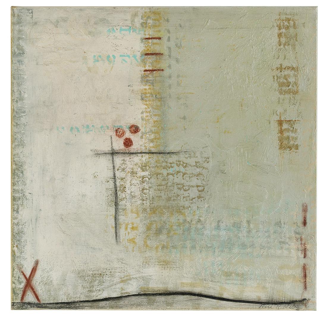 Nell Mabry (USA/Louisiana, Contemporary): Nell Mabry (American/Louisiana, Contemporary) "Good Times Ahead I" mixed media on canvas signed, titled and further inscribed en verso. Unframed. 20" x 20" Provenance: Estate of Russell C. Klein, M.D.