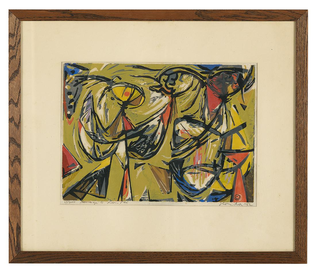 Seong Moy (Chinese/New York, 1921-2013): Seong Moy (Chinese/New York, 1921-2013) "Homage to Lieou Pei", 1952 ten-color woodcut signed and dated lower right, numbered "69/200" and titled lower left, clipping en verso with image of painting an