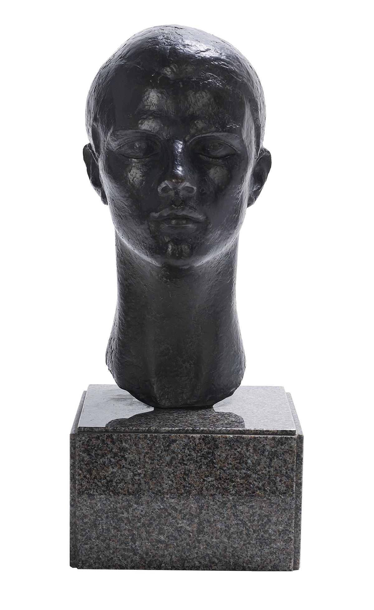 Dora Gordine (Estonian/British, 1895-1991): Dora Gordine (Estonian/British, 1895-1991) "Head of a Youth", ca. 1940 patinated bronze cast signature and a "Valsuani/Paris" foundry mark at back, on a carved marble base. bust h. 16-1/2", overall h.