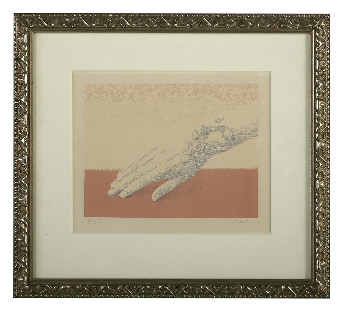 Rene Magritte (French, 1898-1967): Rene Magritte (French, 1898-1967) "Les Bijoux Indiscrets", 1963 lithograph in colors signed in pencil lower right, numbered "40/75" lower right. Matted, glazed and framed. sight 11" x 13-1/2", framed 