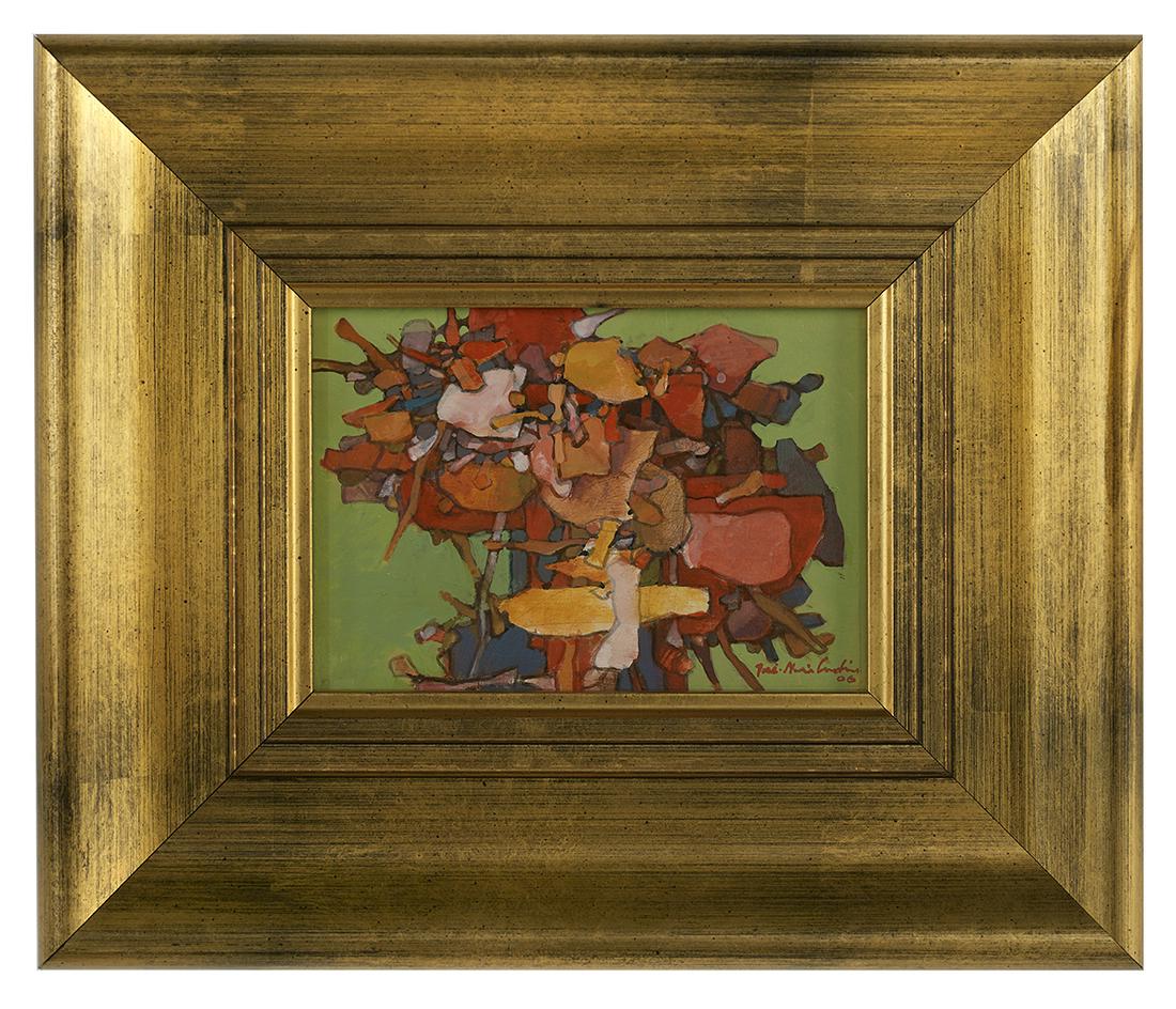 Jose-Maria Cundin (Spanish/Louisiana, b. 1938): Jose-Maria Cundin (Spanish/Louisiana, b. 1938) "Folsom Blues (Reds and Yellows) Study", 2006 acrylic on board signed and dated lower right, signed, titled and dated en verso. Framed. 4-1/2" x 5-1/2", 