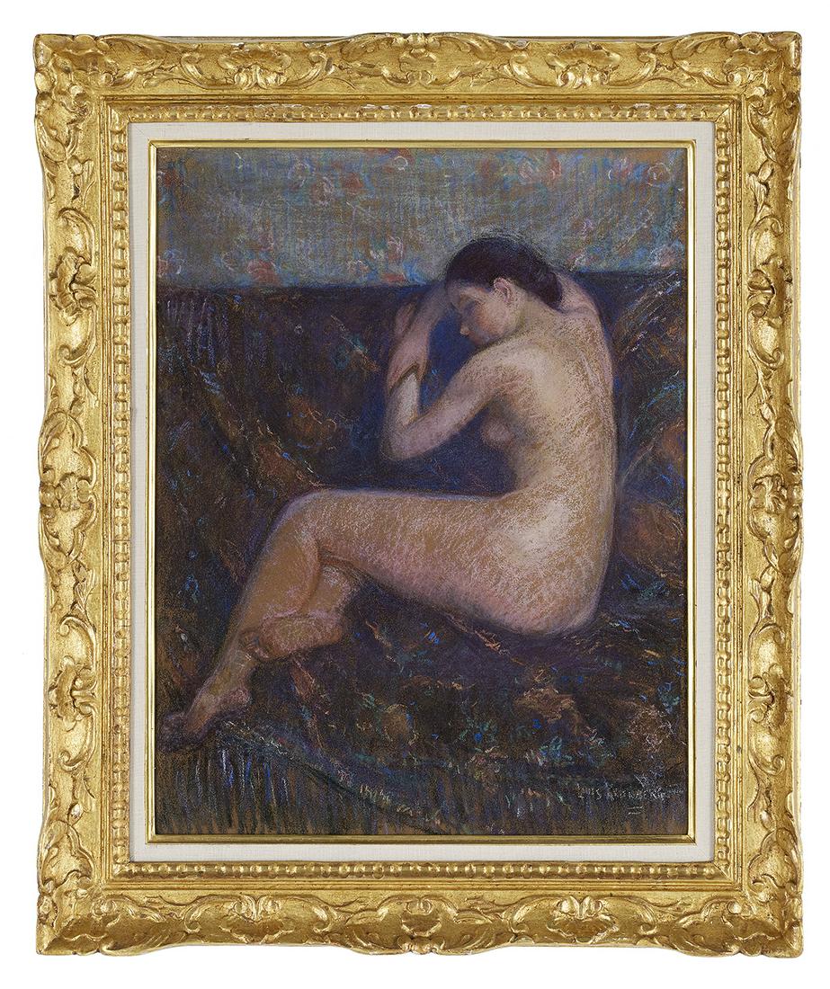 Louis Kronberg (US, 1872-1965): Louis Kronberg (American, 1872-1965) "Repose 5, Aline", 1942 pastel on canvas signed lower right, frame backing titled, localized, dated and inscribed. Glazed and framed. 29-3/4" x 25-1/2", framed 37"