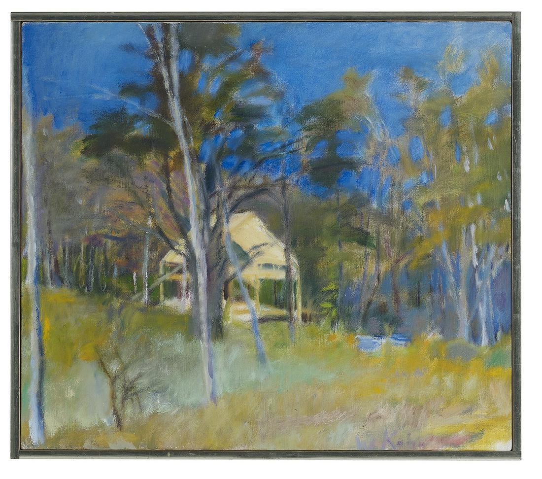 Wolf Kahn (German/New York, 1927-2020): Wolf Kahn (German/New York, 1927-2020) "After the Barn Raising", 1977 oil on canvas signed lower right, dated en verso, verso with "Meredith Long & Company, Houston, Texas" label. Thin gallery frame.