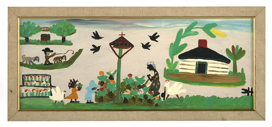 Clementine Hunter (US/Louisiana, 1886/87-1988): Clementine Hunter (American/Louisiana, 1886/87-1988) "Uncle Tom's Cabin" oil on canvas board monogrammed lower right. Framed. 12" x 30", framed 14-1/2" x 32-1/2" Notes: We are grateful to Mr. Tom Whit