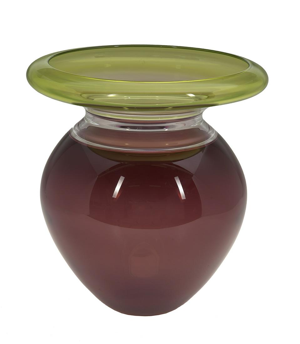 Sonja Blomdahl (US, b. 1952): Sonja Blomdahl (American, b. 1952) large red and Kelly green incalmo glass vase signed and numbered "B4300" at bottom. h. 12", dia. 11-1/4" Provenance: Collection of Mark M. Johnson, Montgomery, Alaba