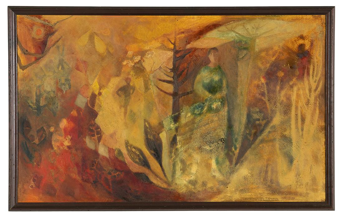 Mary Stratford Newcomb (British, 1922-2008): Mary Stratford Newcomb (British, 1922-2008) "In the Garden", 1957 oil on board signed and dated lower right. Framed. 22" x 35-1/2", framed 23" x 37"