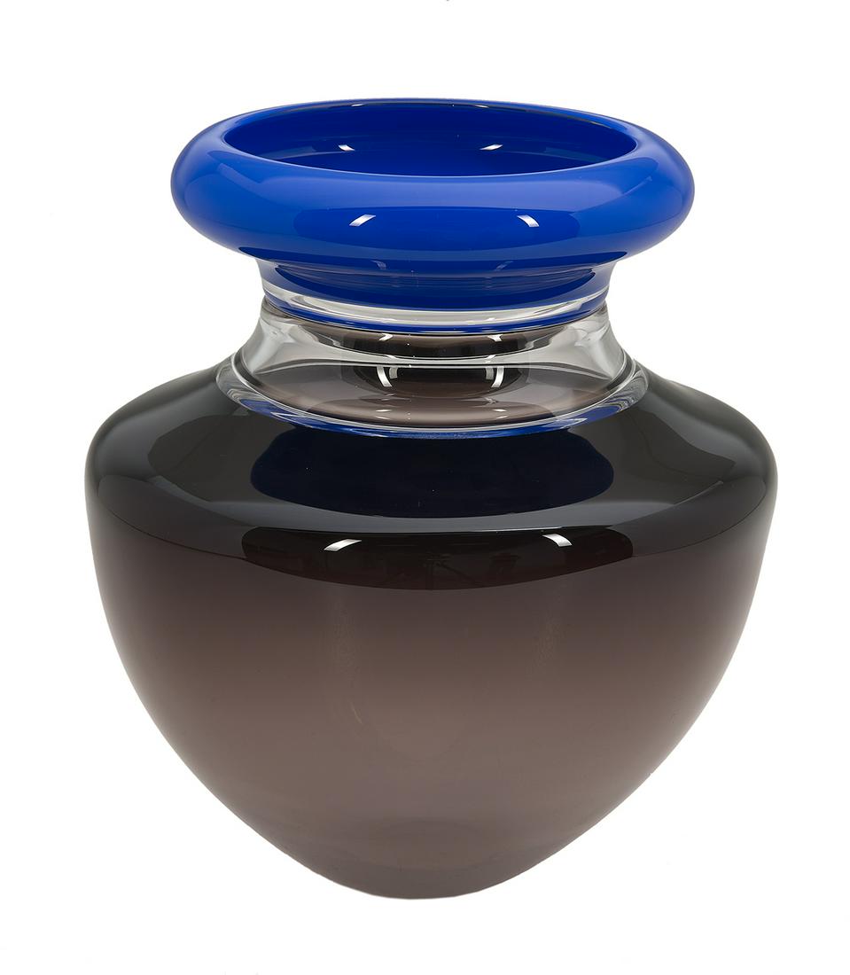Sonja Blomdahl (US, b. 1952): Sonja Blomdahl (American, b. 1952) large brown and cobalt blue incalmo glass vase signed and numbered "B9899" at bottom. h. 10-3/8", dia. 9" Provenance: Collection of Mark M. Johnson, Montgomery, Alab