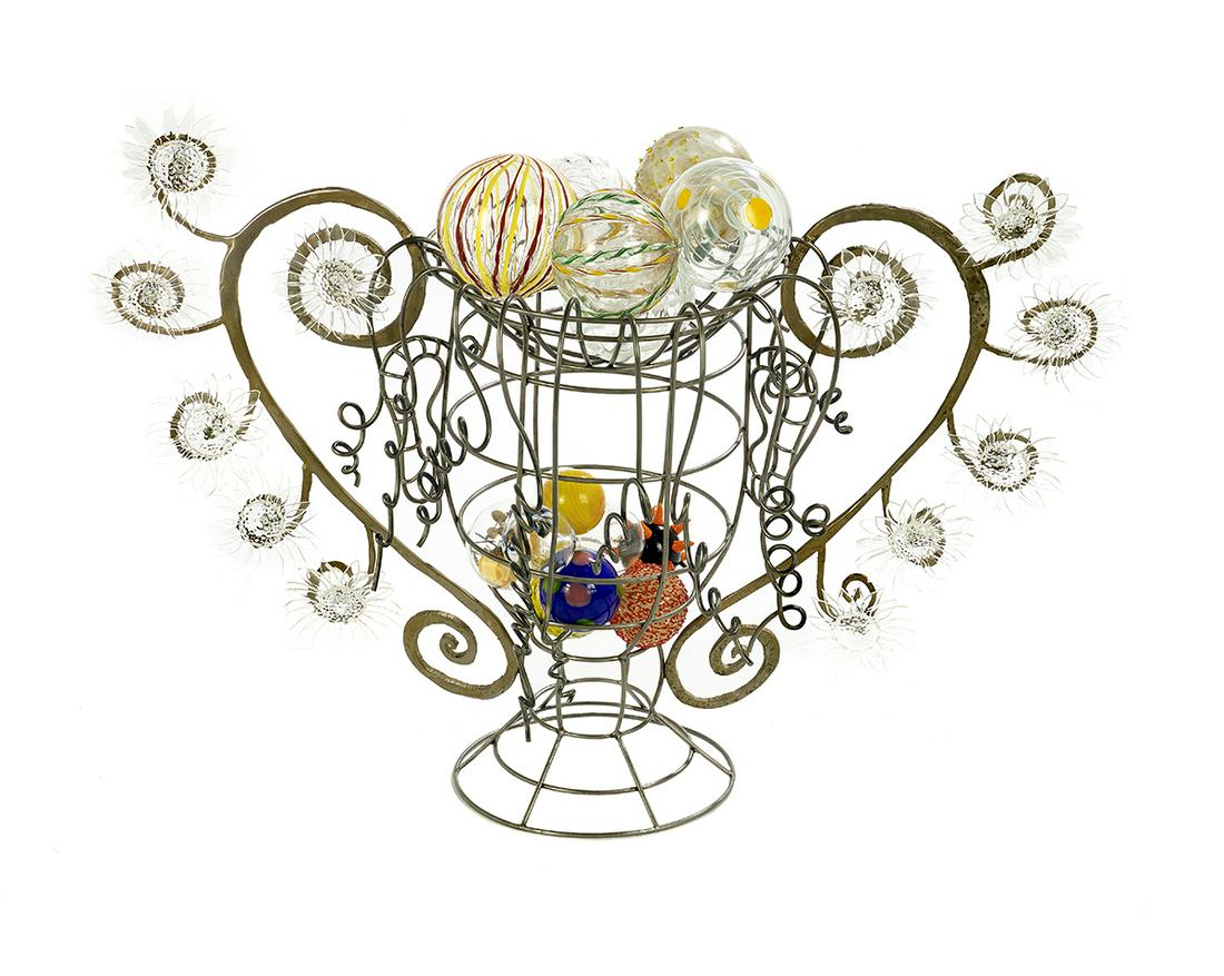 Ginny Ruffner (US/Washington, b. 1952): Ginny Ruffner (American/Washington, b. 1952) "Basket" cast and blown glass, metal metal double basket with six clear glass sunflowers extending from handles on each side, baskets filled with 17 glass