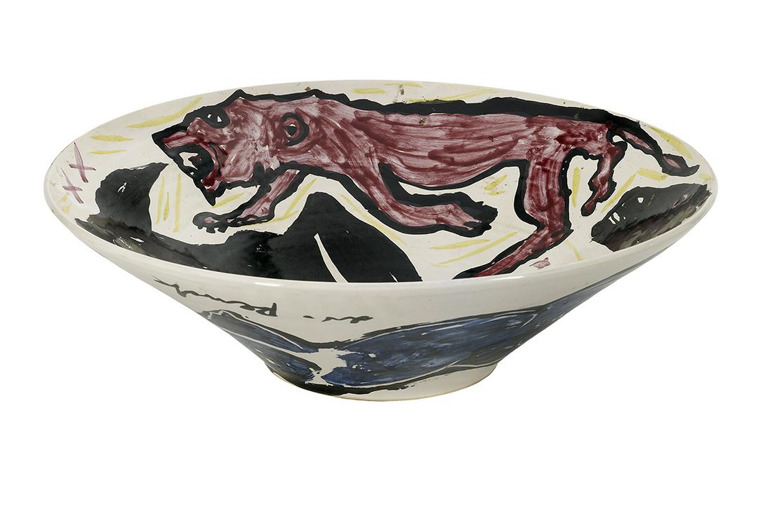 A. R. (Ralf Winkler) Penck (German, 1939-2017): A. R. (Ralf Winkler) Penck (German, 1939-2017) "Untitled" painted ceramic bowl signed along outer edge. dia. 15-1/2"