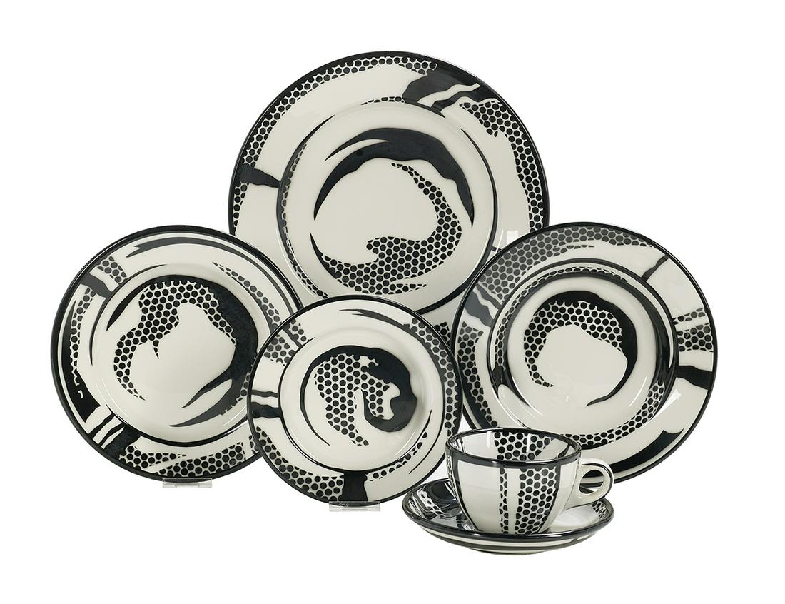 Roy Lichtenstein (US/New York, 1923-1997): Roy Lichtenstein (American/New York, 1923-1997) "Dinner Plate", 1966 six-piece transfer-printed porcelain service for one made by Jackson China for Durable Dish Co., each dish marked "Jackson China fo