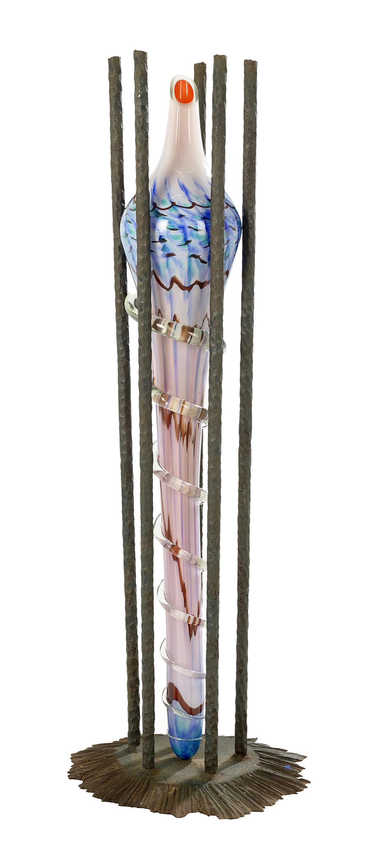 Steve Tobin (US, b. 1957): Steve Tobin (American, b. 1957) "Cocoon" blown glass and wrought iron open-mouthed vessel in marbled shades of red, brown, lilac, blue and green, set within iron armature. overall h. 67-1/2", dia. 12-