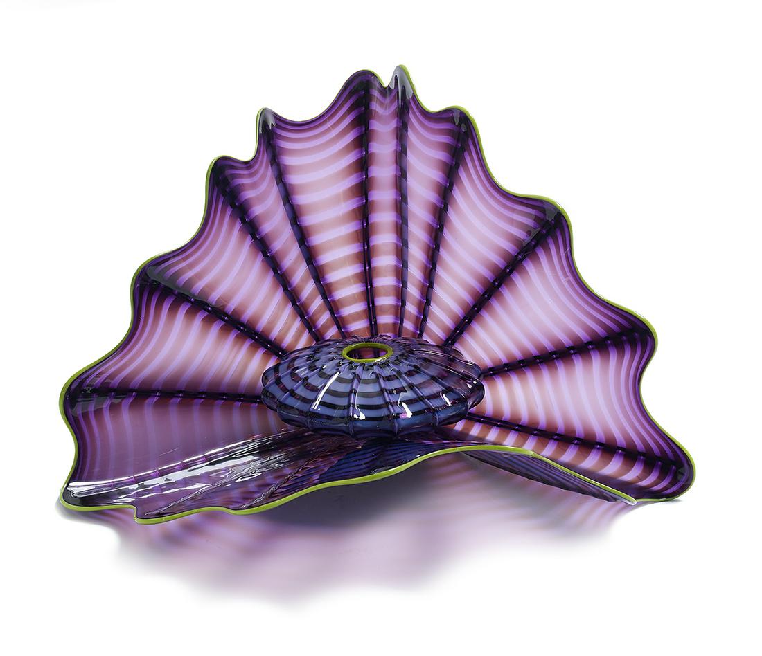 Dale Chihuly (US, b. 1941): Dale Chihuly (American, b. 1941) "Violet Seaform", 1999 blown glass two-piece set in shades of deep to light violet with apple green lip, smaller element with engraved signature and "PP99" underneath,