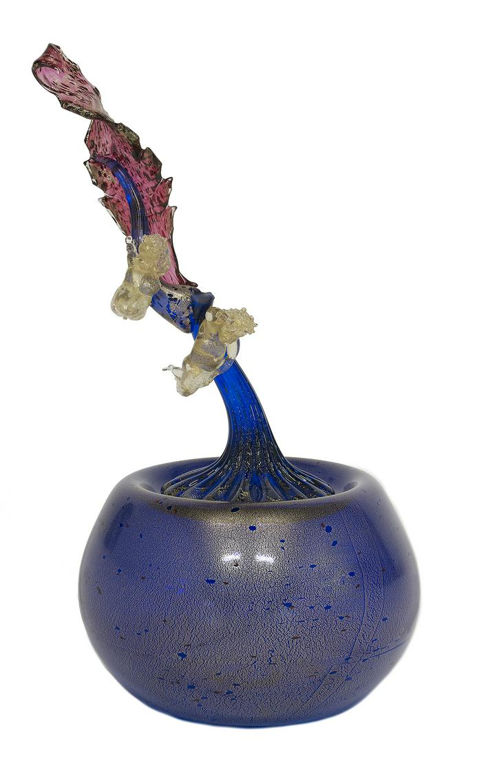 Dale Chihuly (US, b. 1941): Dale Chihuly (American, b. 1941) "Ikebana" blown glass the large round Imperial Blue and gold vase holding a lobe-footed Imperial Blue stem with two gold-flecked putti clinging to it and ending in a l