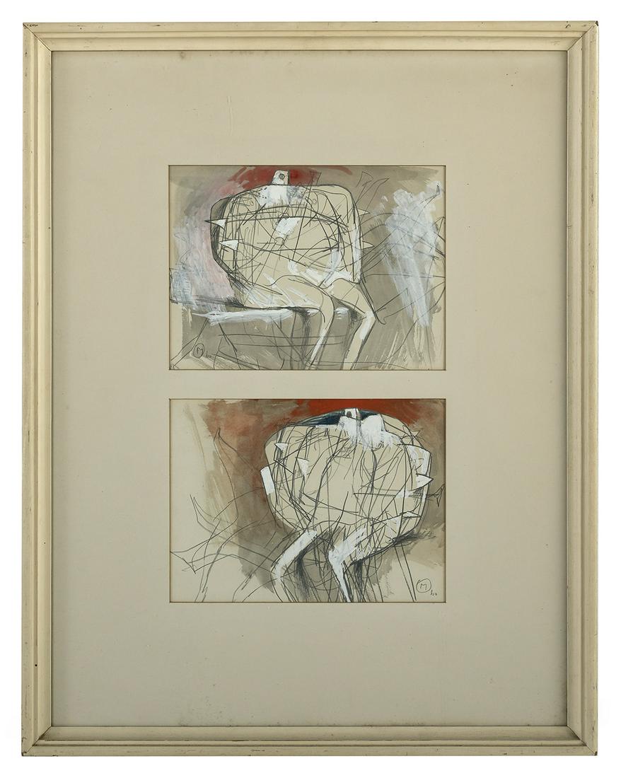 Bernard Meadows (British, 1915-2005): Bernard Meadows (British, 1915-2005) "Two Sculptural Studies of Armed Figures" gouache, ink wash and graphite on paper each monogrammed and dated at bottom left and right, respectively; frame backing