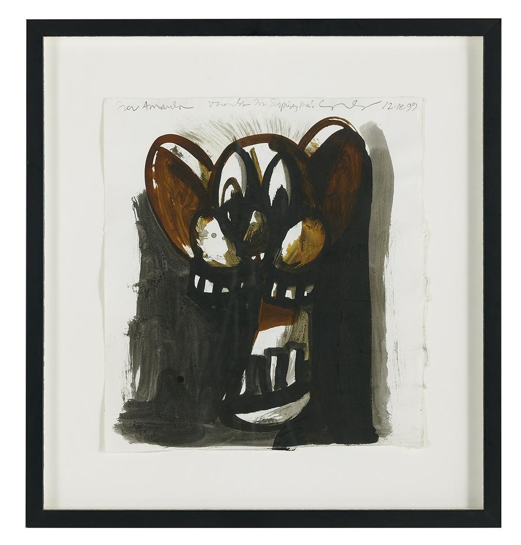 George Condo (US, b. 1957): George Condo (American, b. 1957) "For Amanda...", 1999 watercolor on paper pencil-signed, dated and inscribed "For Amanda Thanks for Surprising Me" along upper edge. Float-mounted, glazed and framed.