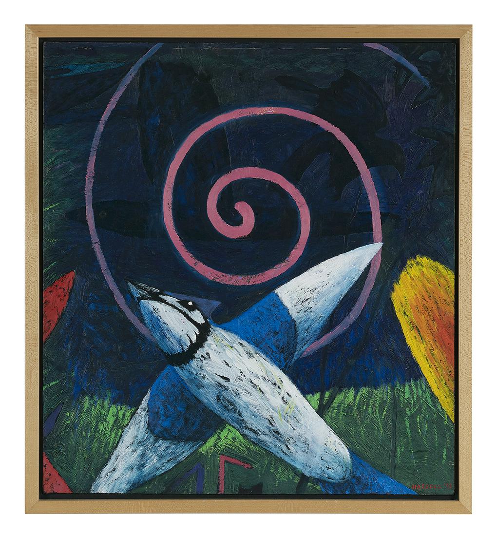 Billy Hassell (US/Texas, b. 1956): Billy Hassell (American/Texas, b. 1956) "The Meteor", 1990 oil on canvas signed and dated lower right, signed, dated and titled en verso. Thin wood gallery frame. 22" x 20", framed 24" x 22" Provenanc