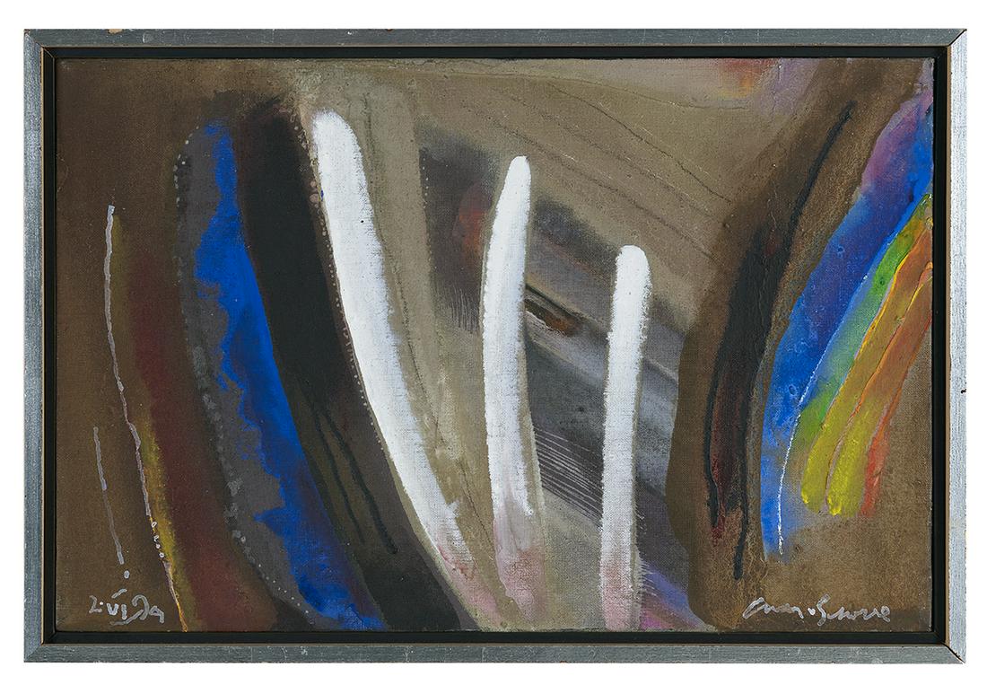 Charles Schorre (US/Texas, 1925-1996): Charles Schorre (American/Texas, 1925-1996) "Springfling" oil on canvas signed lower right, titled on stretcher, verso with "Meredith Long & Company, Houston, Texas" label. Thin gallery frame. 13" x 2