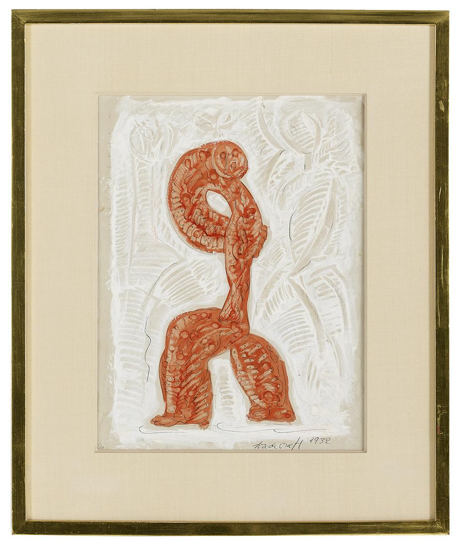 Jose de Creeft (Spanish/New York, 1884-1982): Jose de Creeft (Spanish/New York, 1884-1982) "Growth Form", 1932 ink and tempera signed and dated lower right, and having two "Meredith Long & Company, Houston, Texas" labels with artist, title and da