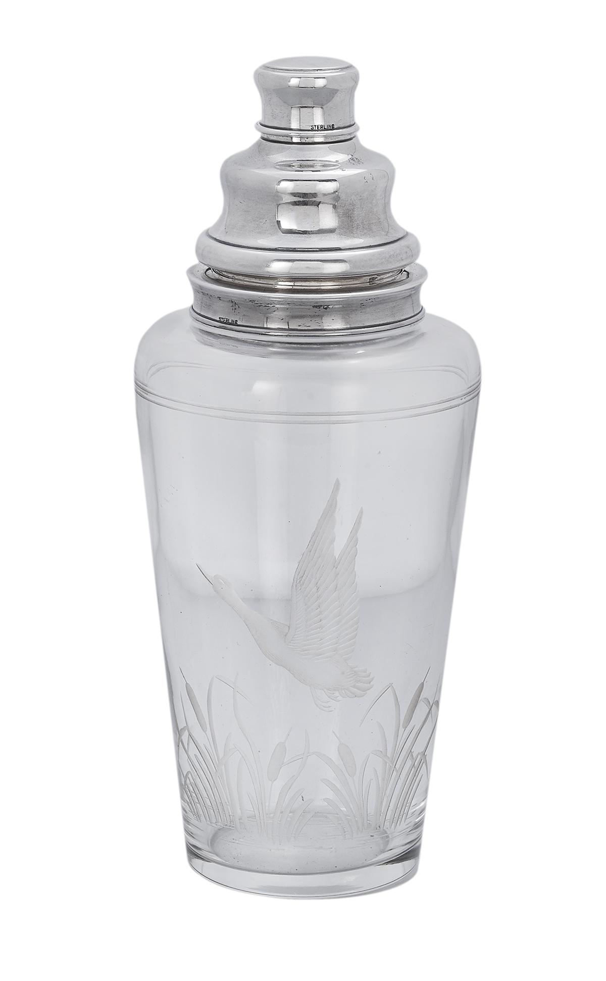 Hawkes Glass and Silver Cocktail Shaker: Hawkes Engraved Glass and Sterling Silver Cocktail Shaker third quarter 20th century, by Thomas Hawkes & Co., Corning, New York, the vasiform body wheel-engraved with a duck in flight above bulrushes,