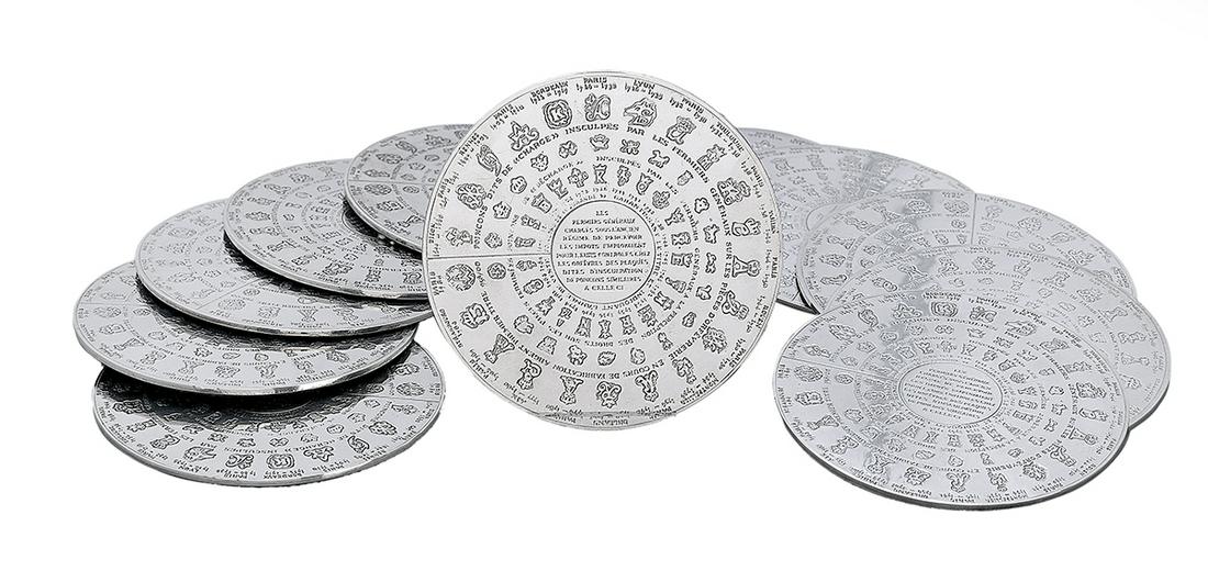 Set of Twelve Christofle Silverplate Coasters: Set of Twelve Christofle Silverplate Coasters contemporary, decorated in the form of the plaque d'insculpation of the French Fermiers Generaux, illustrating the French tax marks on silver during the a