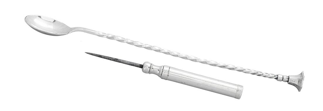 Silver Ice Pick and Silverplate Bar Spoon: Sterling Silver Ice Pick and Silverplate Bar Spoon fourth quarter 20th century, the American ice pick with sterling handle, reeded banding and steel pick; the silverplate bar spoon by Christofle, Pari